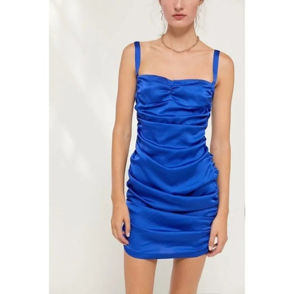 LIONES Mini Dress Mysterious Girl Ruched sides Satin Cobalt Blue Size Med - Picture 4 of 16